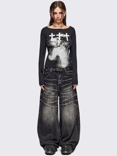 Black long sleeve top with grunge graphic and crosses graphic front print.
