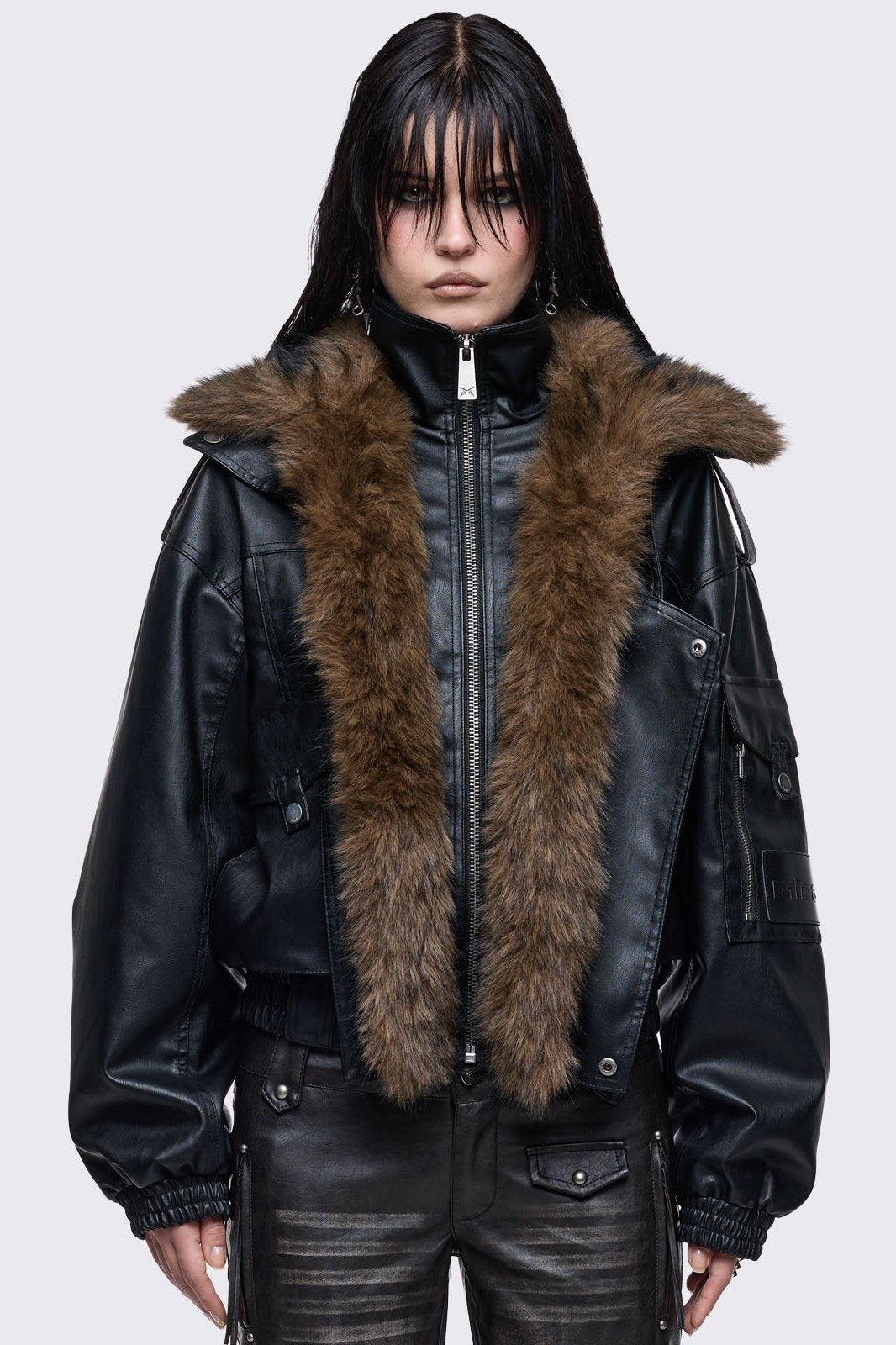 Black faux leather aviator jacket with detachable brown faux fur collar