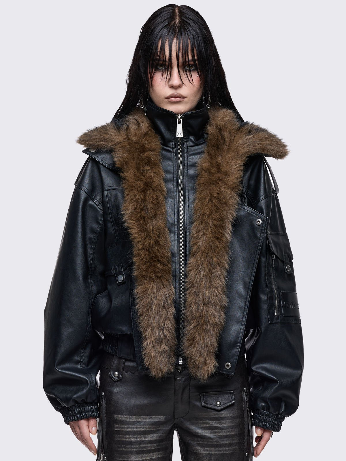 Black faux leather aviator jacket with detachable brown faux fur collar