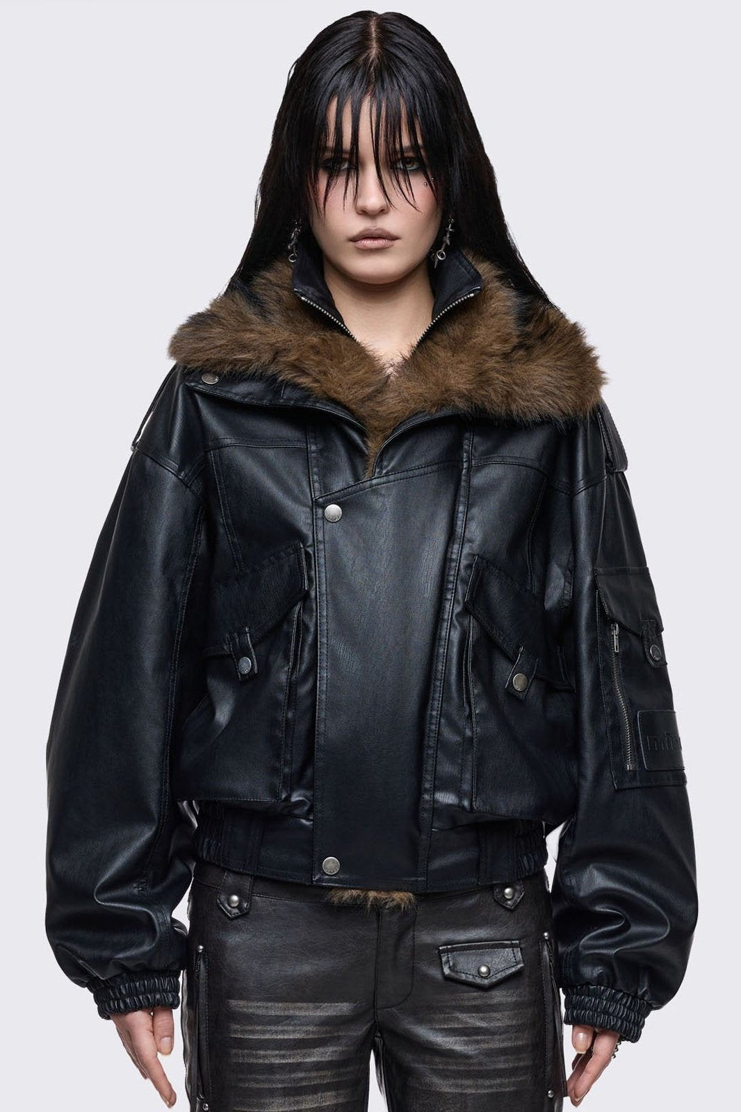 Black Aviator Bomber Jacket with Brown Faux Fur | Minga London