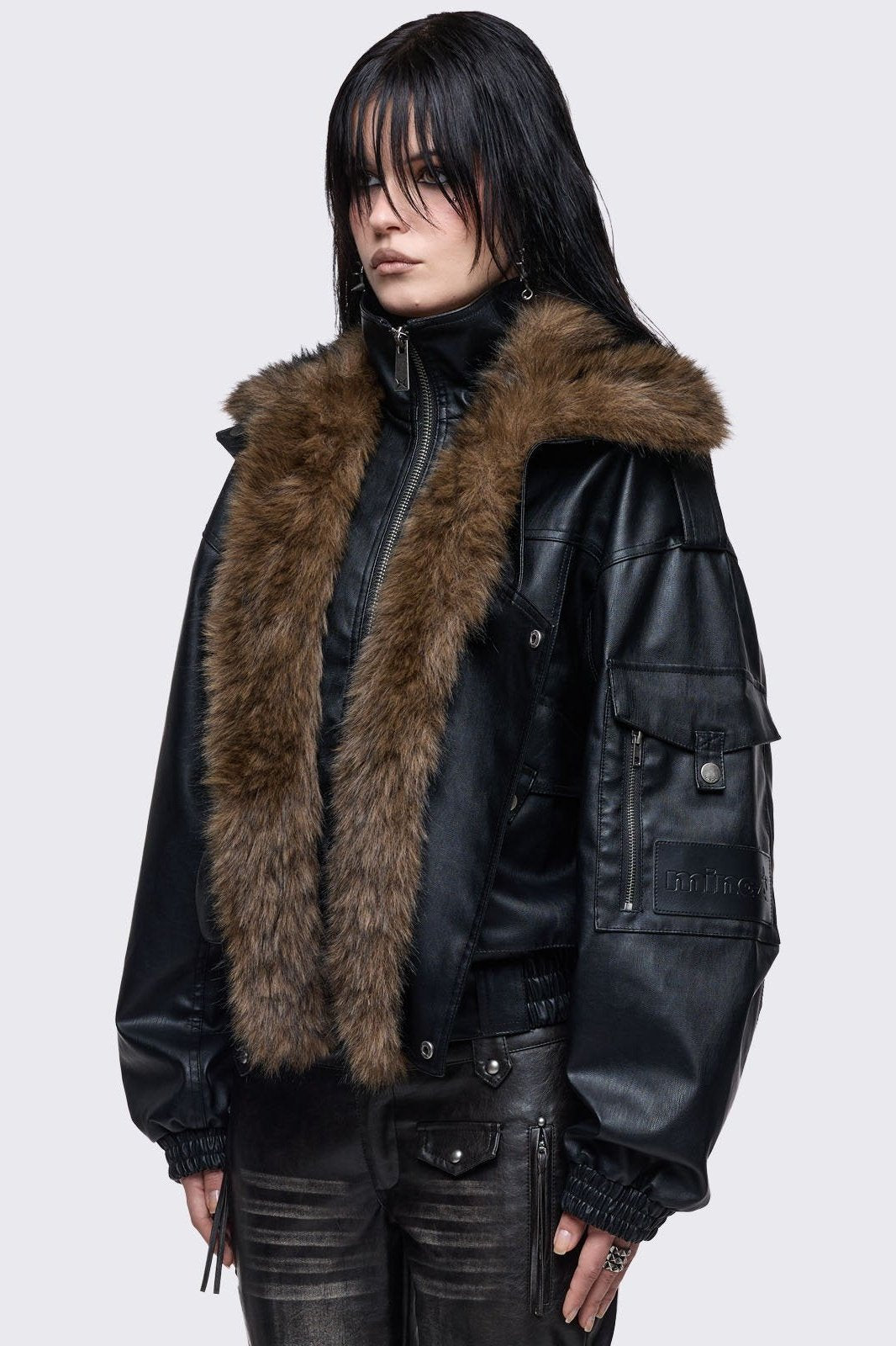 Black Aviator Bomber Jacket with Brown Faux Fur | Minga London