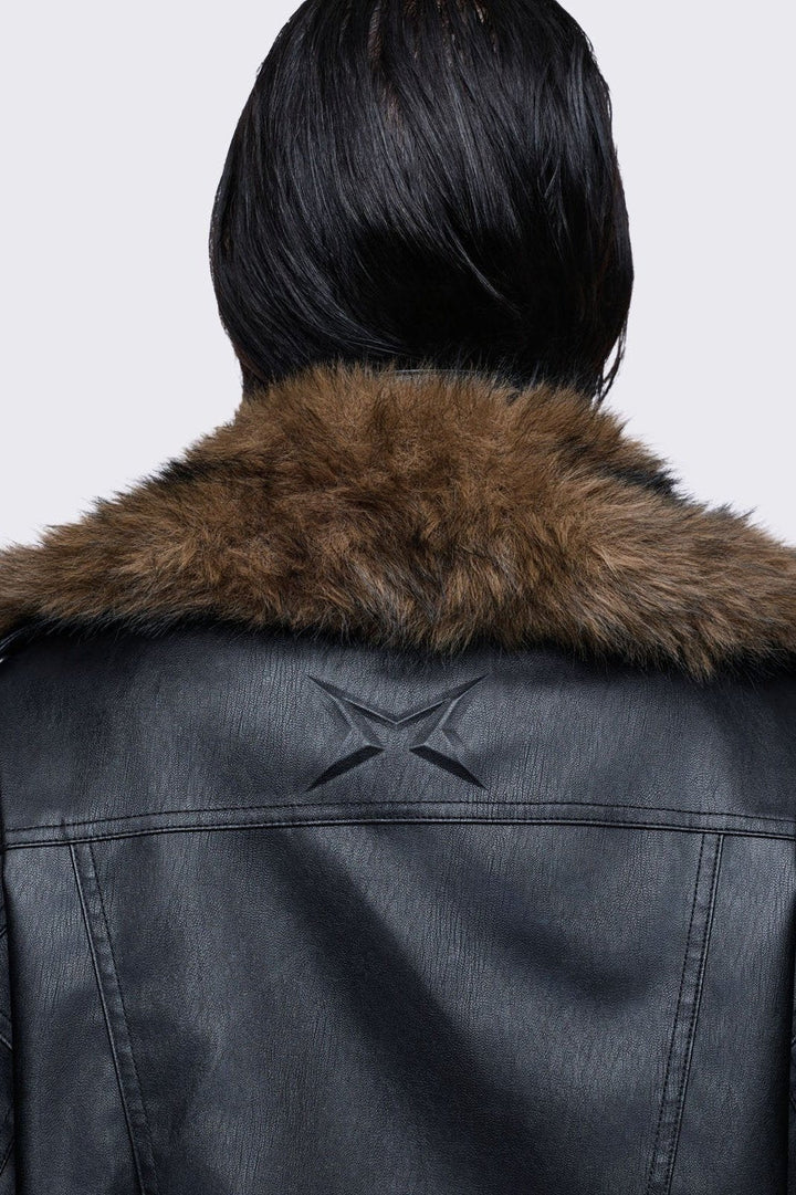 Black Aviator Bomber Jacket with Brown Faux Fur | Minga London