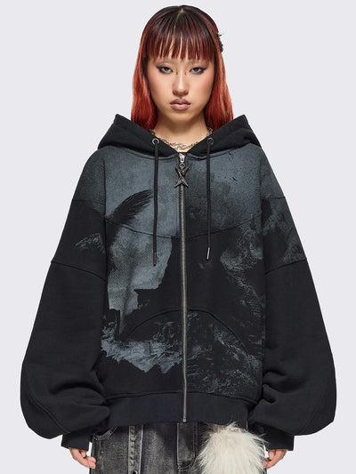Black zip up hoodie jacket with grunge graphic print.