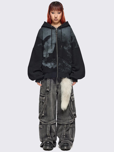 Black zip up hoodie jacket with grunge graphic print.