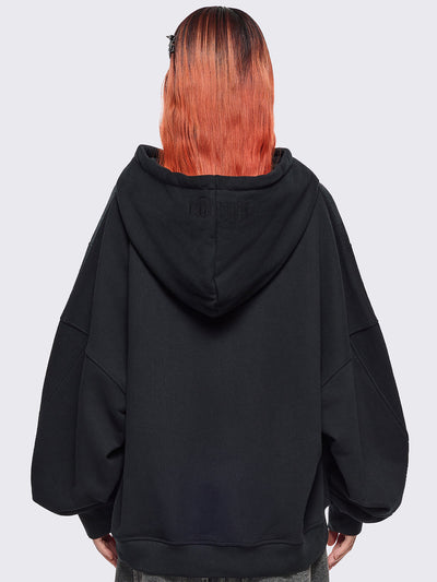 Black zip up hoodie jacket with grunge graphic print.