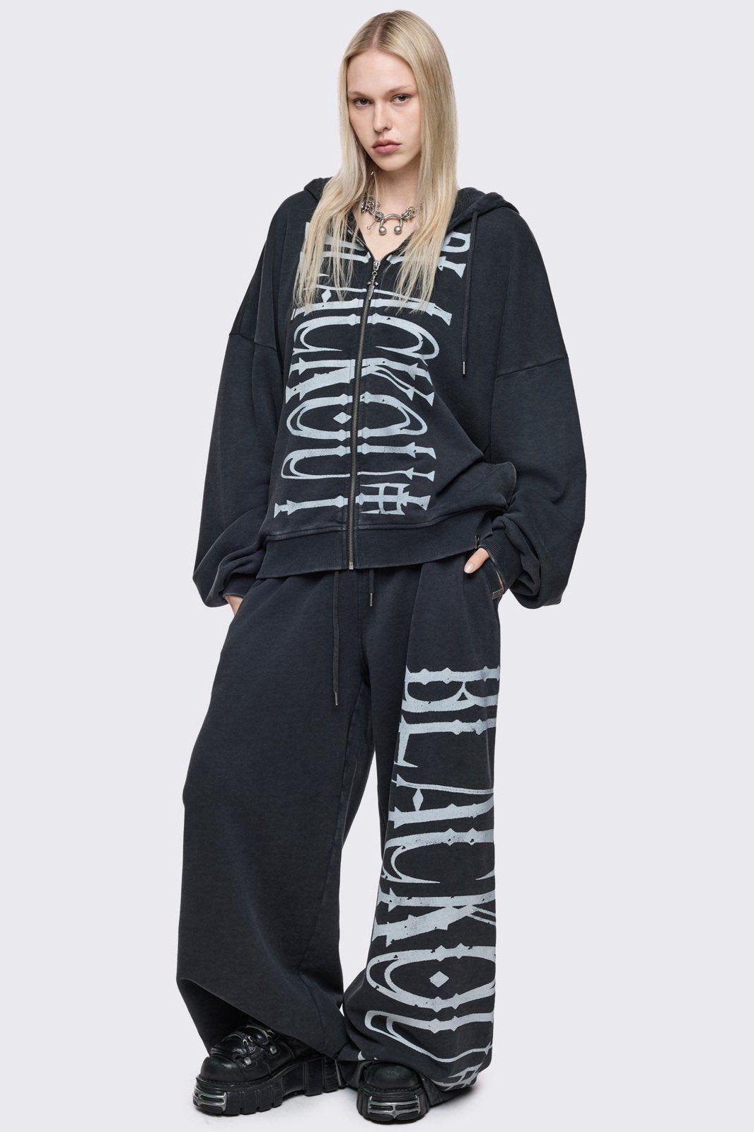 Washed Black Baggy Graphic Sweatpants | Minga London