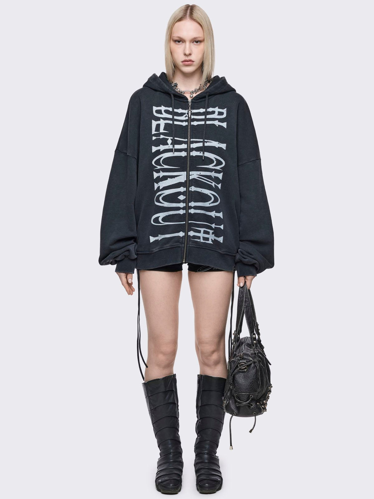 Grey washed zip up hoodie with 