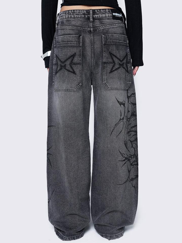 Grey Baggy Jeans with Tribal Sigilism Print | Minga London – Minga