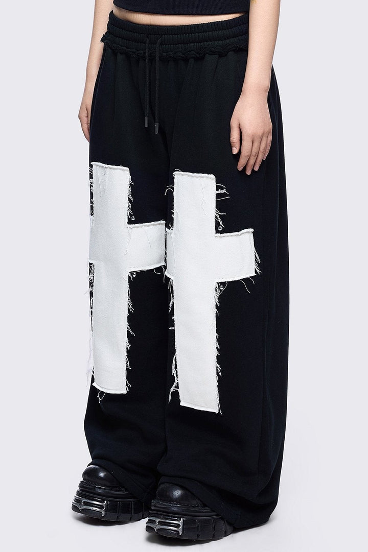 Black Sweatpants with Knee Cross Patches | Minga London