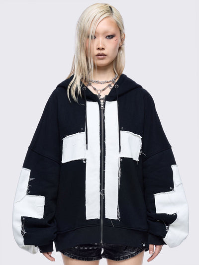 Black zip up hoodie jacket with white chunky cross patches. on front and sleeves
