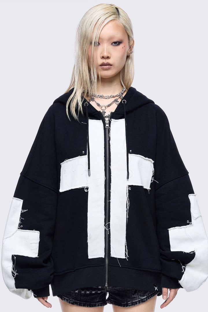 Black Zip Up Hoodie with White Cross Patches | Minga London