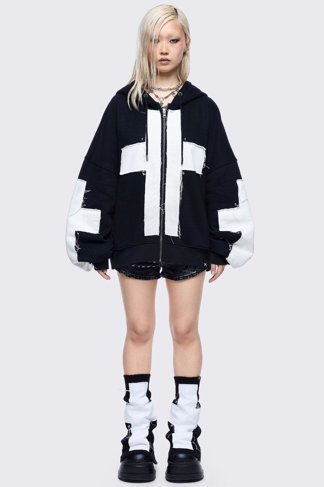 Black Zip Up Hoodie with White Cross Patches | Minga London