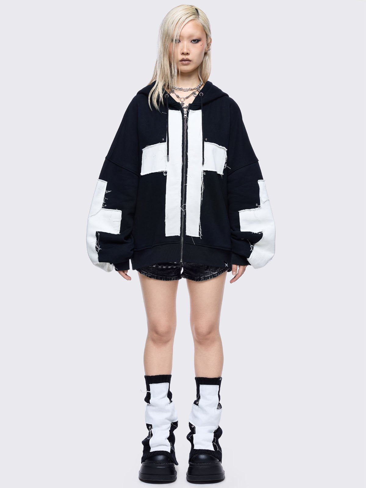 Black zip up hoodie jacket with white chunky cross patches. on front and sleeves