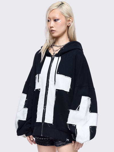 Black zip up hoodie jacket with white chunky cross patches. on front and sleeves