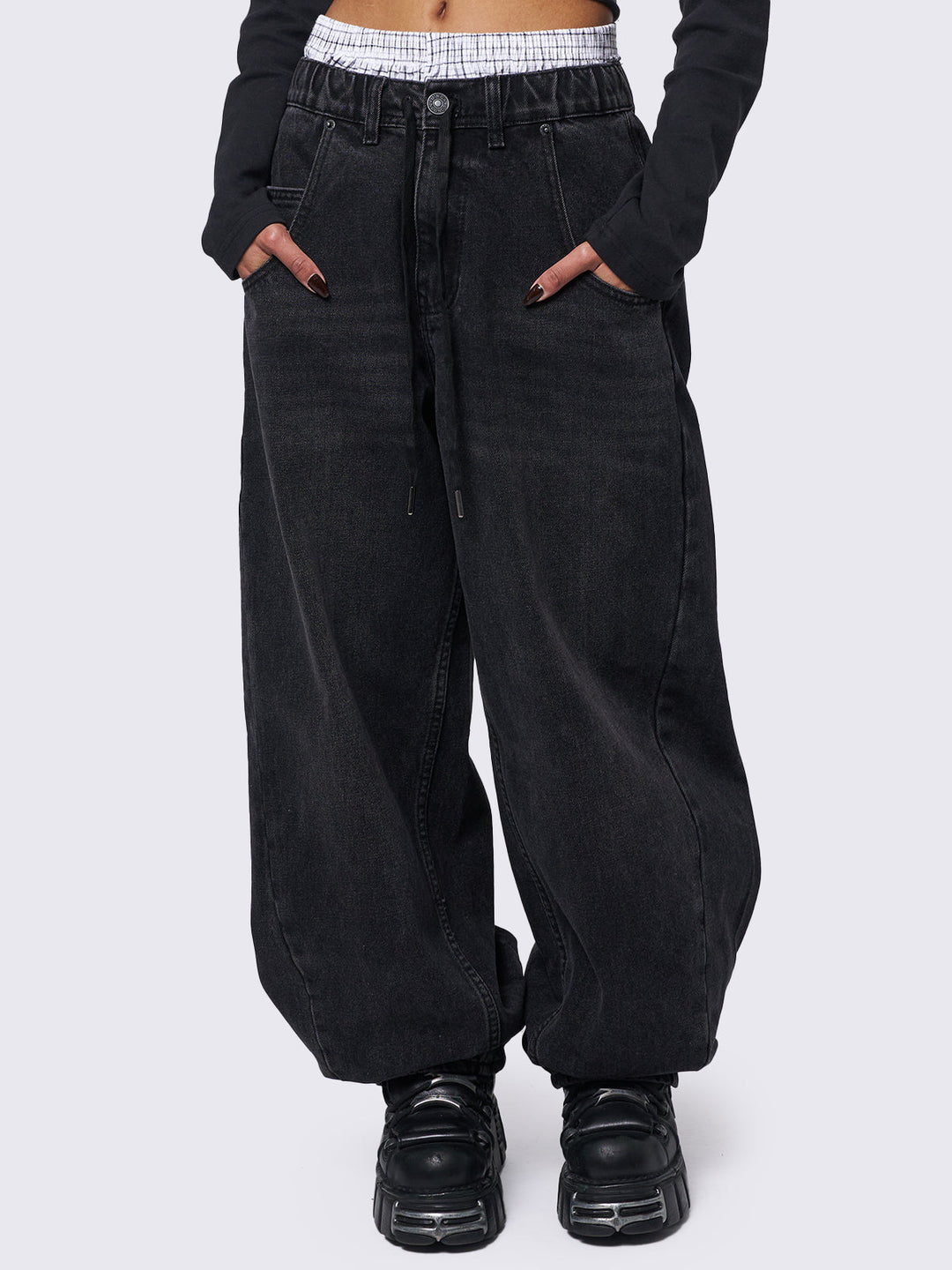 【BAON】Malka Denim Banding Balloon Wide Pants Baggy Balloon Jeans in Washed Black | Minga London – Minga