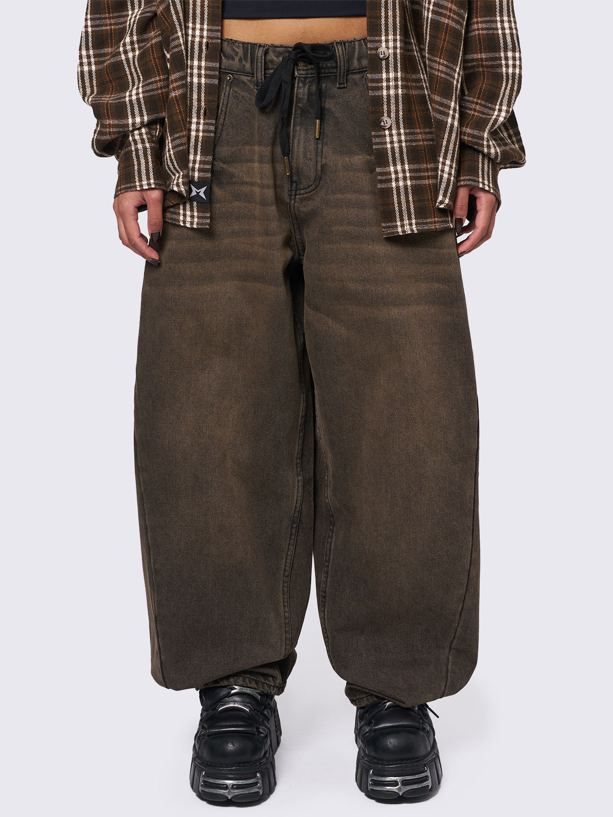 Oversized balloon jeans in washed brown with elasticated drawstring waist