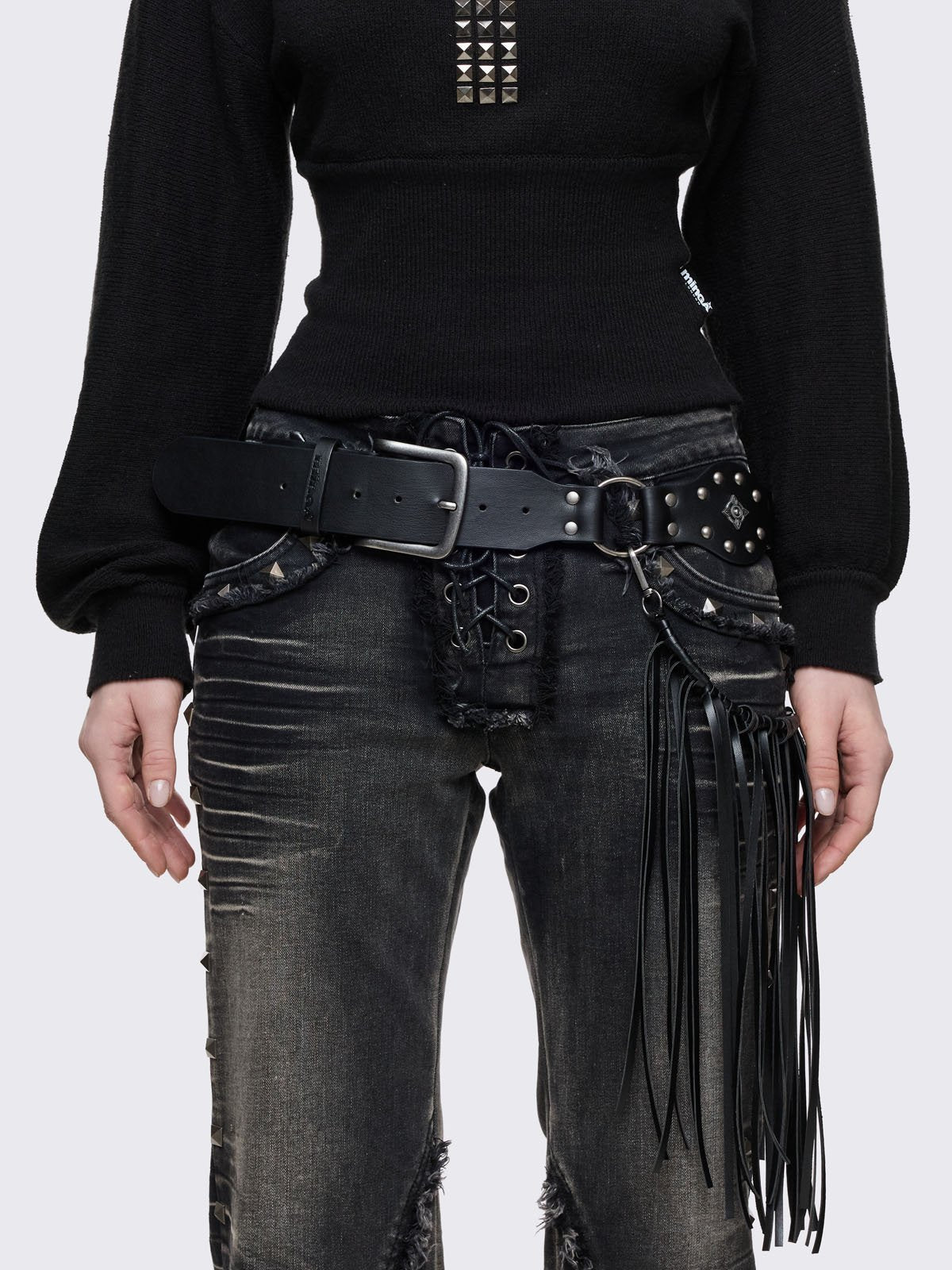 Black vegan leather concho belt with silver stud details