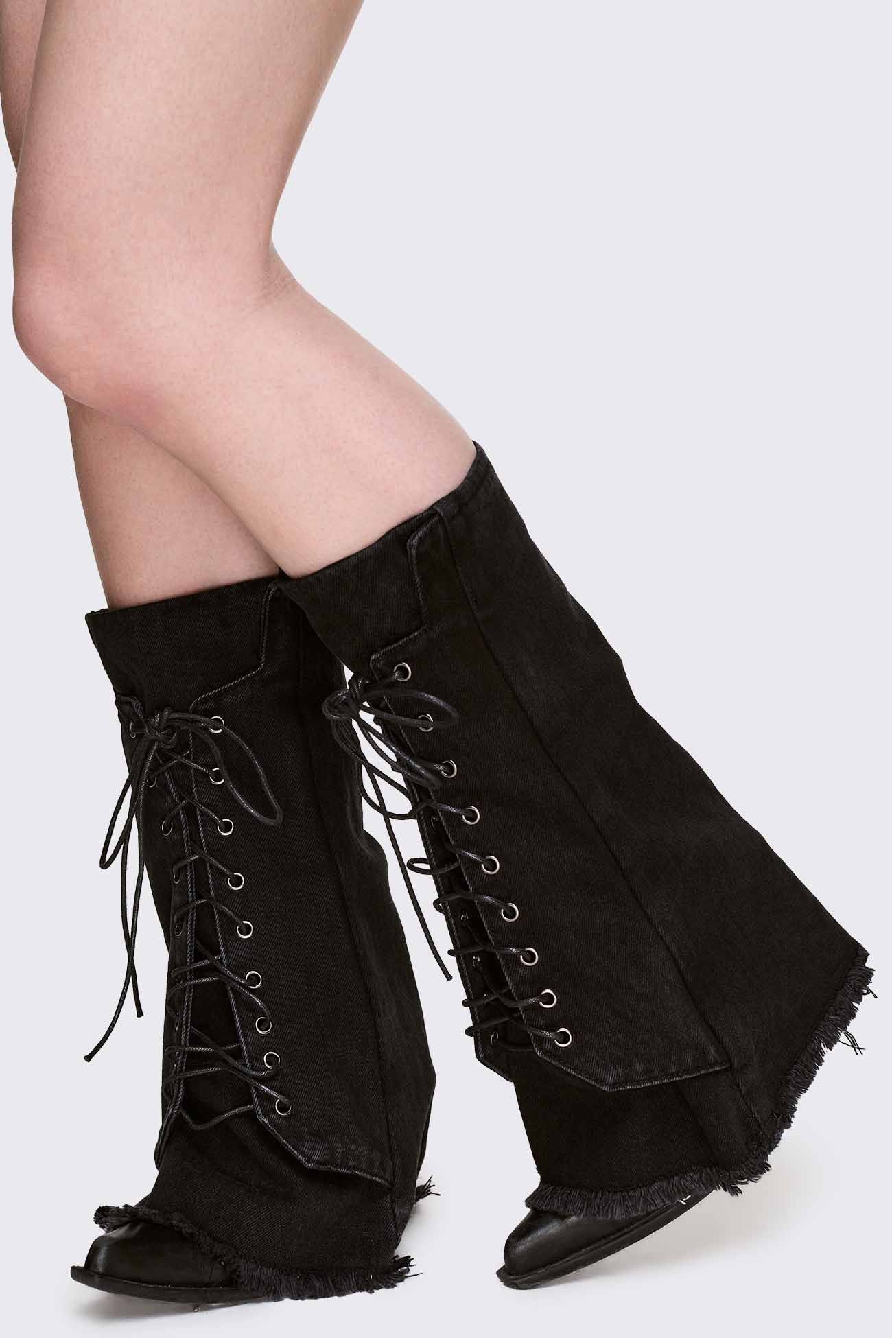 Black Denim Leg Warmers Lace-Up Flared | Minga London