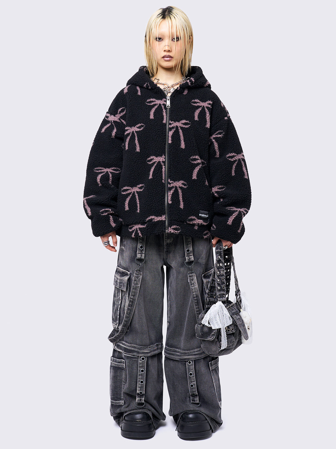 Black Borg Fleece Hooded Jacket with Pink Bows | Minga