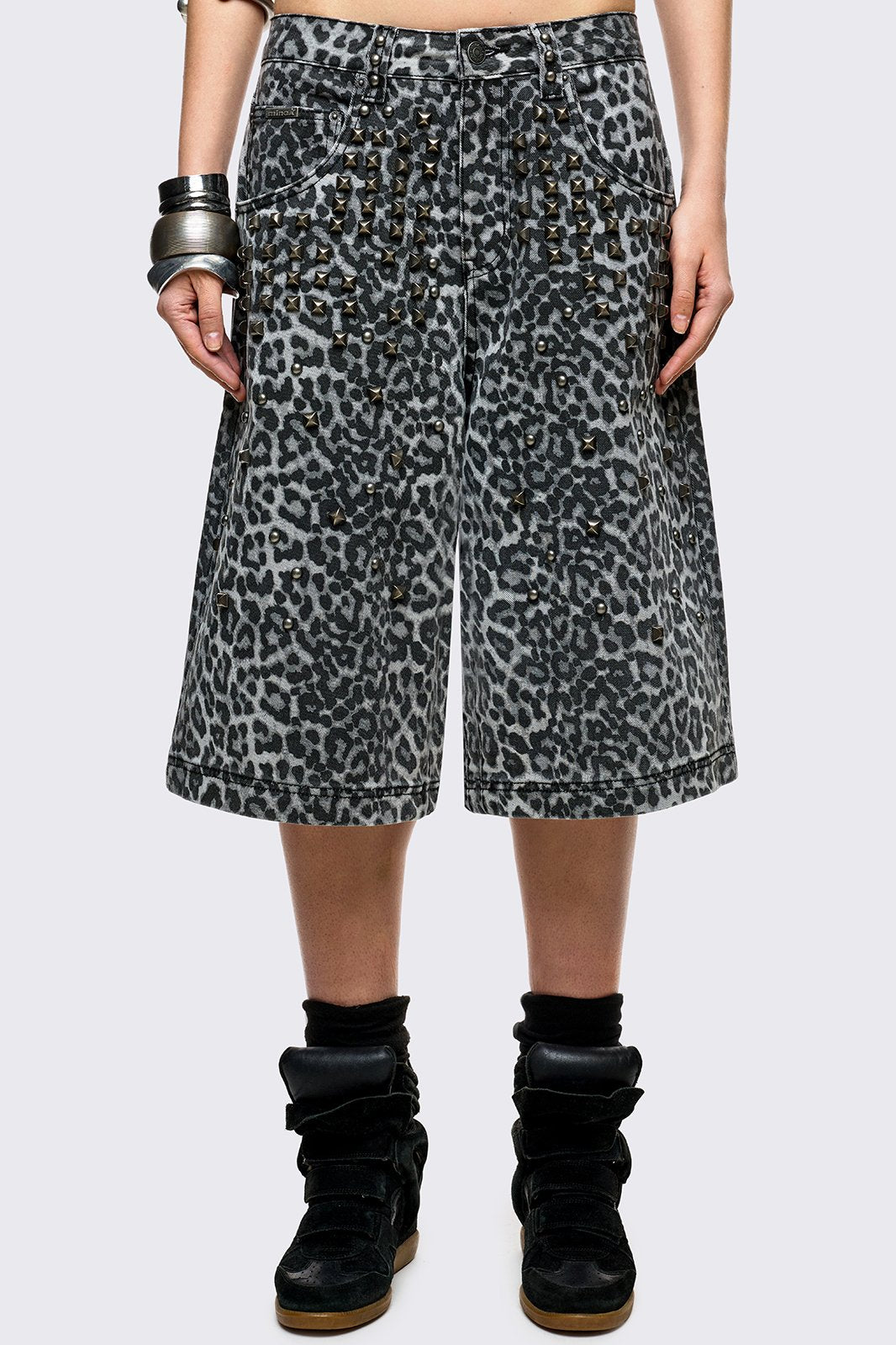 Leopard longline jorts with stud details.