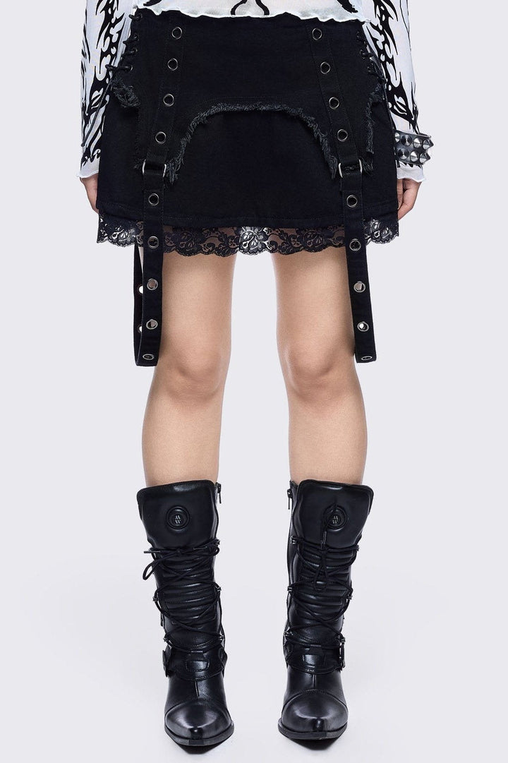 Black Denim Mini Skirt with Eyelet Straps | Minga London – Minga