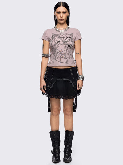 Black denim mini skirt with distressed frayed panels, lace up side details and eyelet straps.