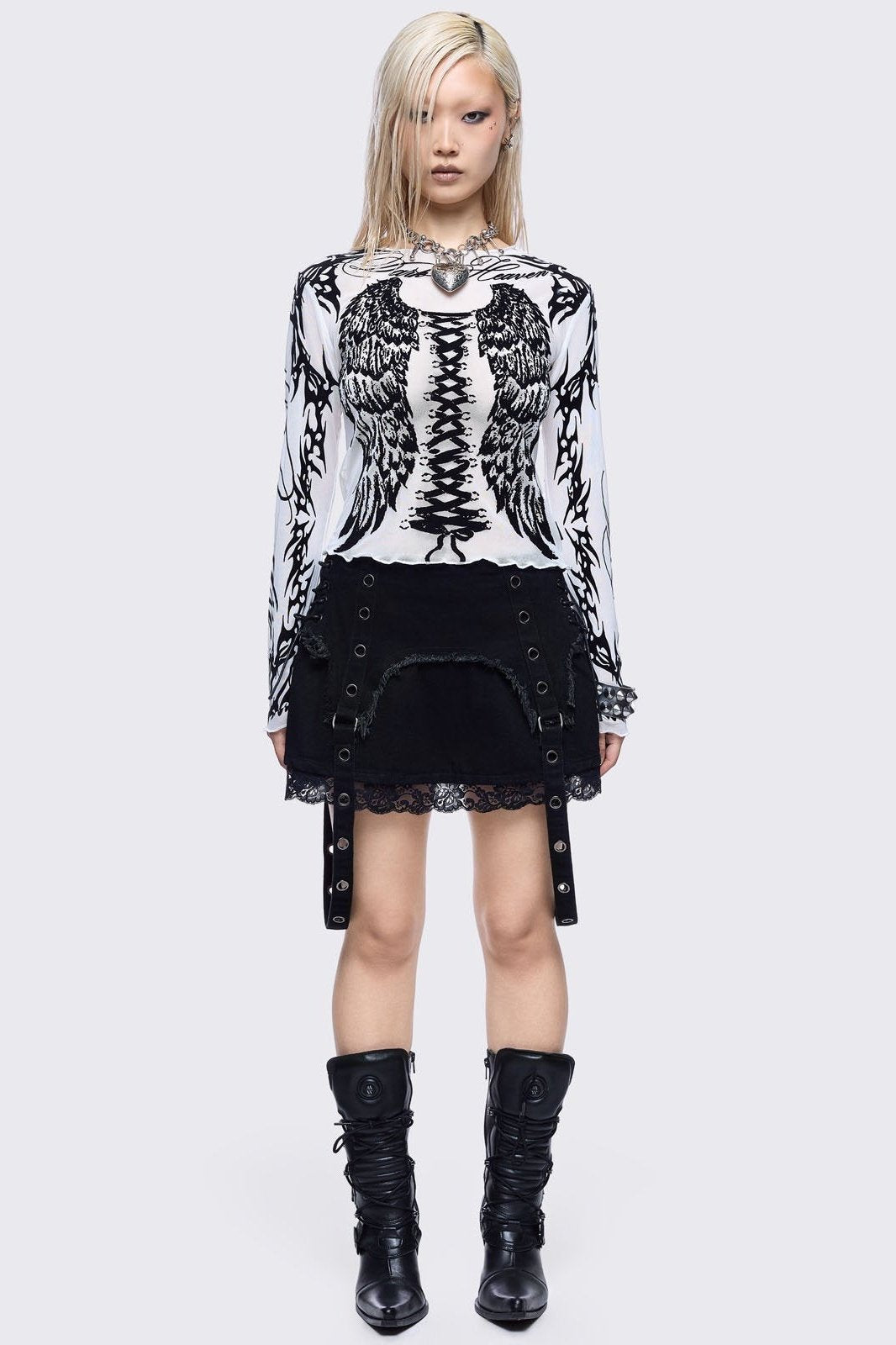 Black Denim Mini Skirt with Eyelet Straps | Minga London – Minga
