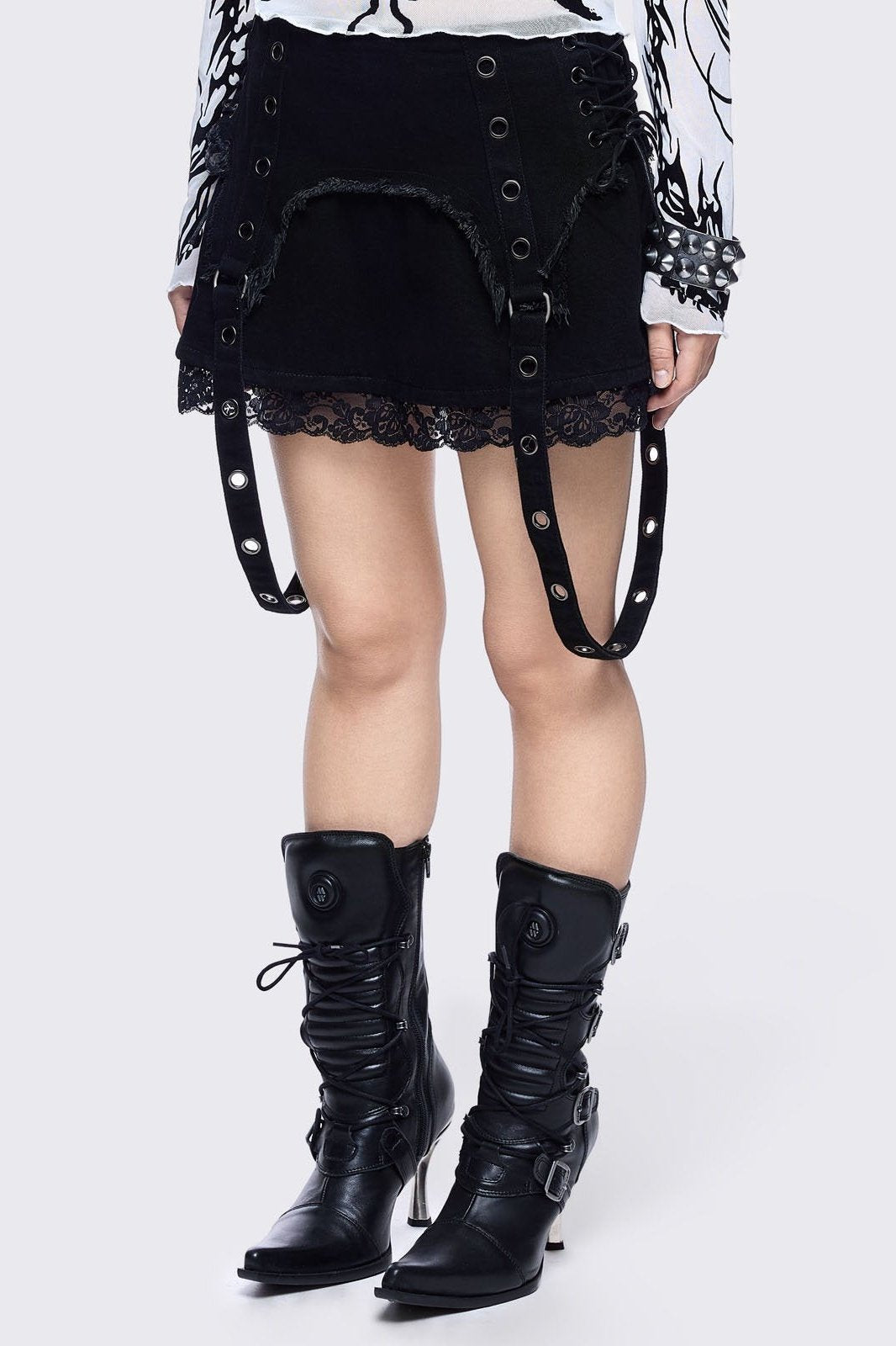 Black Denim Mini Skirt with Eyelet Straps | Minga London – Minga