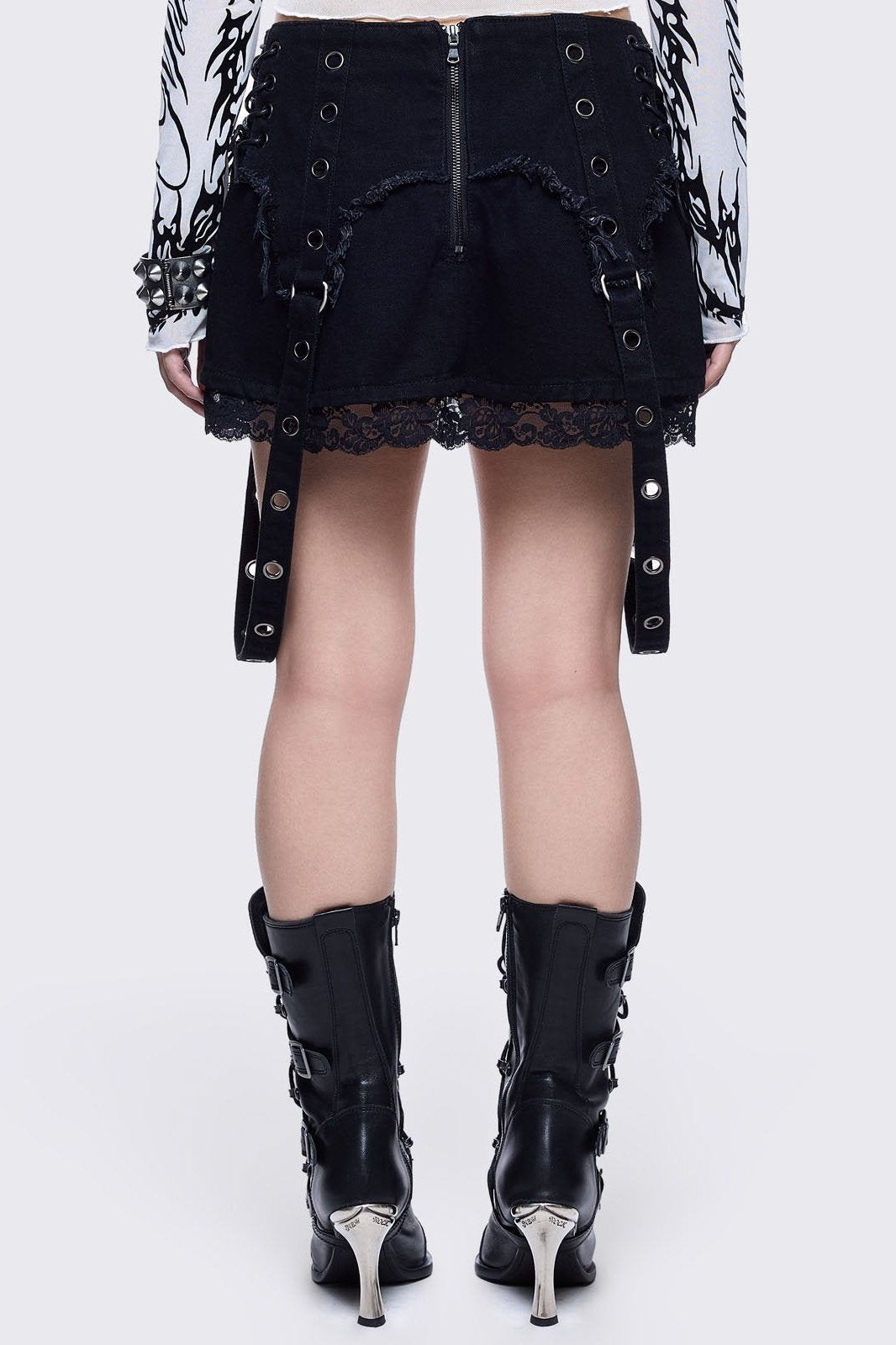 Black Denim Mini Skirt with Eyelet Straps | Minga London – Minga