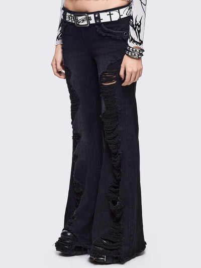 Black washed flare jeans with front shedded