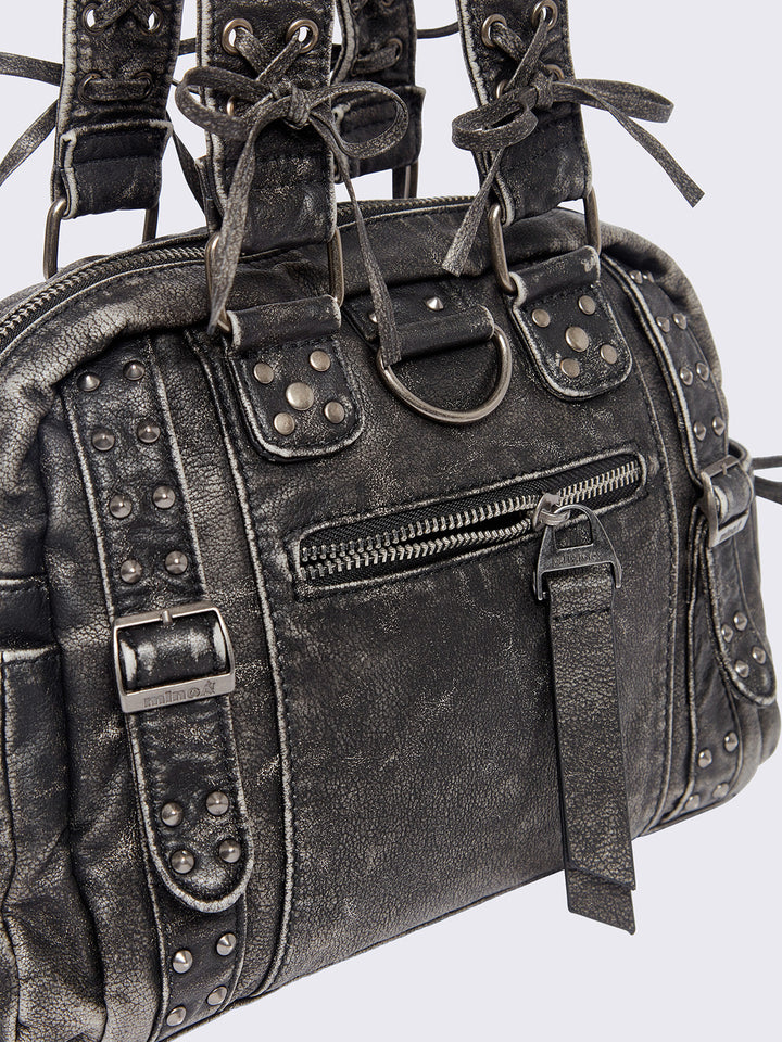 Washed Black Vegan Leather Shoulder Bag with Buckles and D