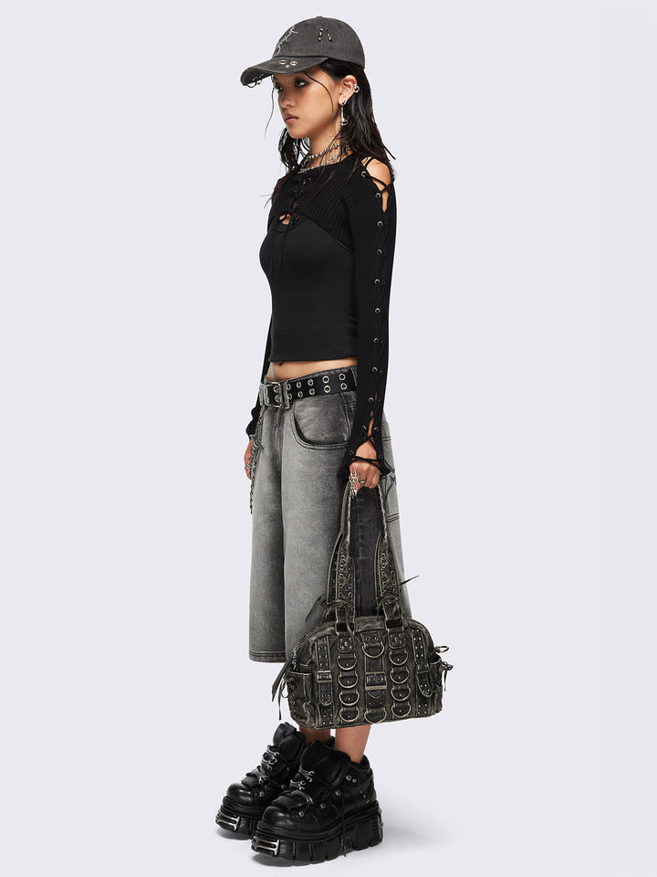 Minga London バックル付き ビーガン ショルダーバッグ Brown wash PU Leather Cargo Shoulder Bag with Buckle Details