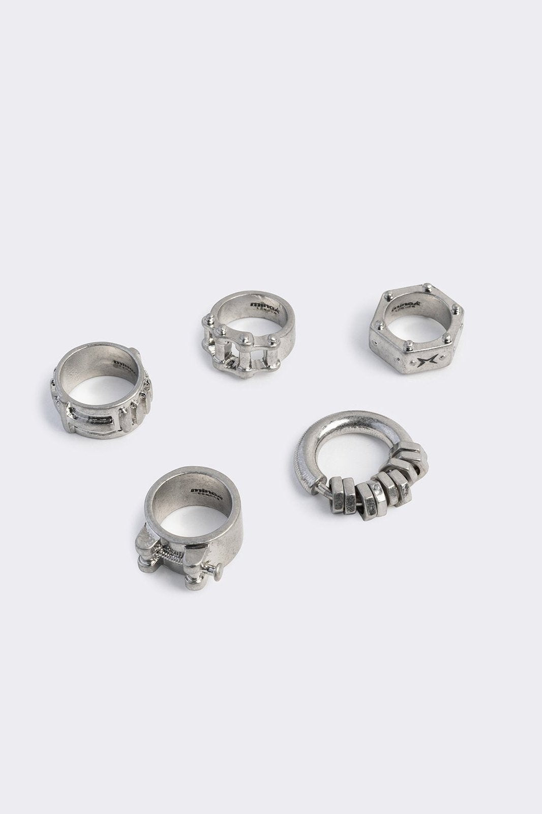 Set of 5 rings with nut, bolt and more hardware designs