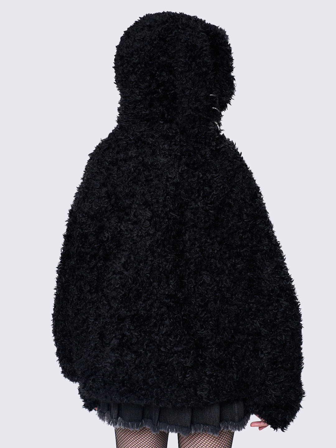 Black Faux Fur Oversized Zip Up Jacket with Bunny Ear Hood