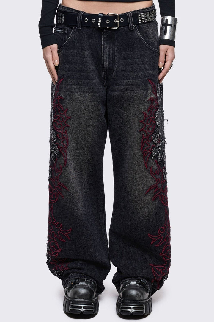 Black Baggy Denim Jeans with Cyber Sigilism Patches | Minga London