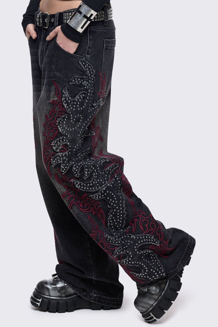 Black Baggy Denim Jeans with Cyber Sigilism Patches | Minga London