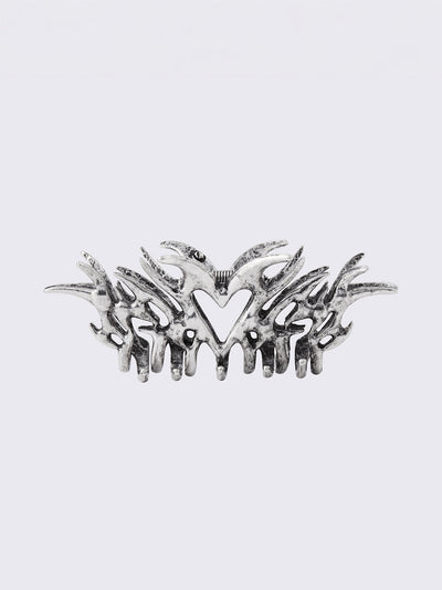 Metal hair claw clip with cyber sigilism heart tattoo design featuring oxidized silver finish.