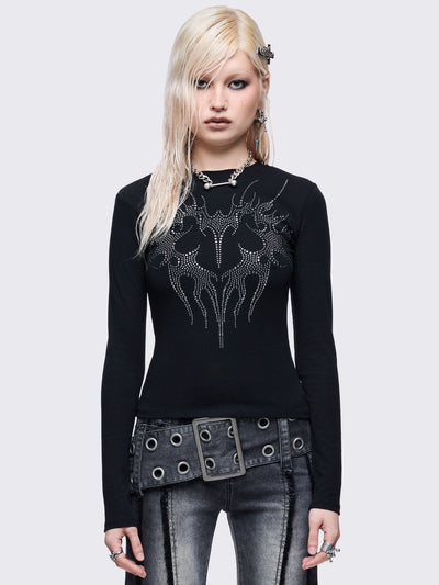 Black long sleeve top with sigilism heart rhinestone design.