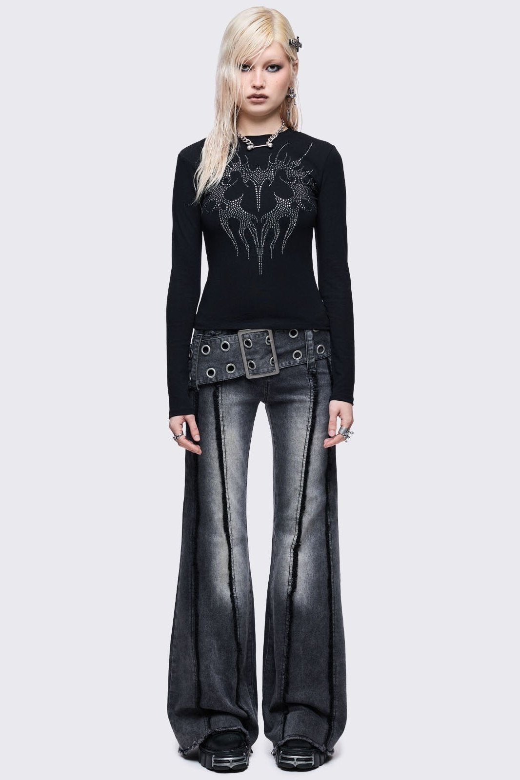 Black Long Sleeve Top With Cyber Sigil Heart Rhinestone | Minga London