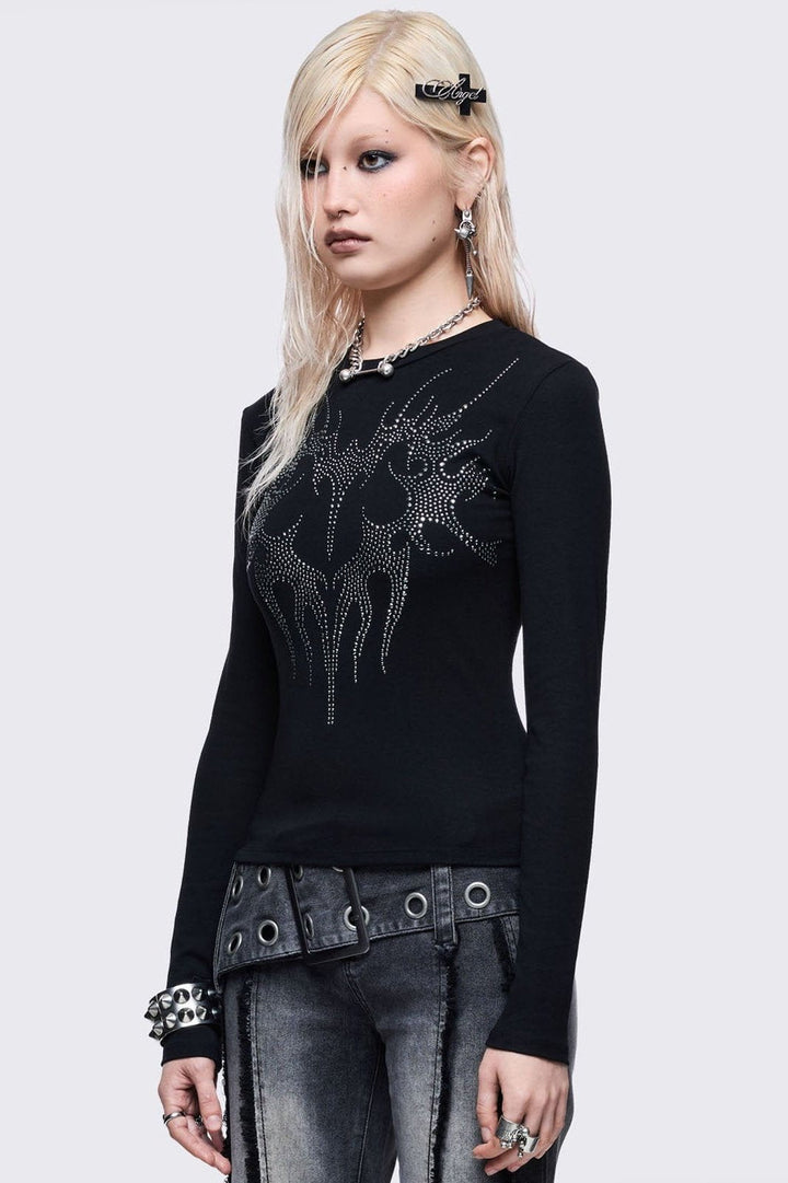 韓国作家 MINGLEMINGLE バニーバインダーカバー （black） Black Long Sleeve Top With Cyber Sigil Heart Rhinestone | Minga