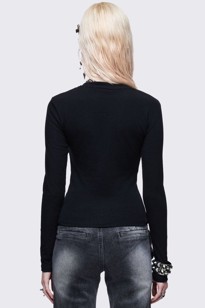 Black Long Sleeve Top With Cyber Sigil Heart Rhinestone | Minga
