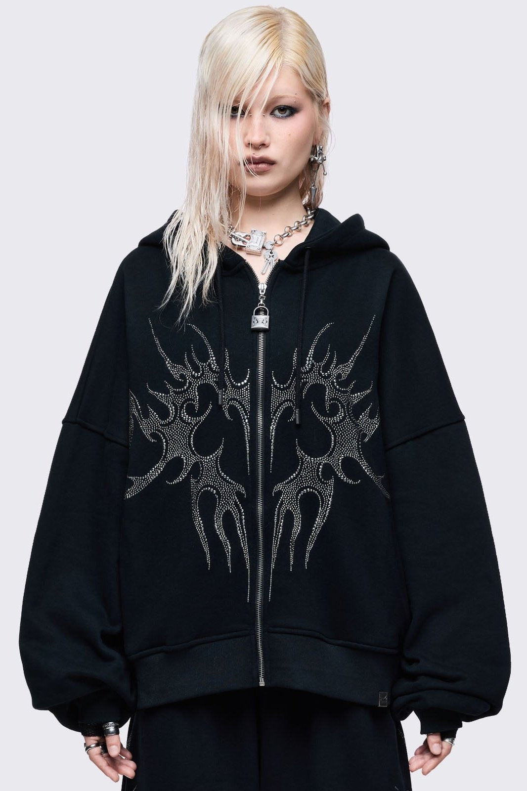 Black zip up hoodie eith sigilism heart rhinestone graphic