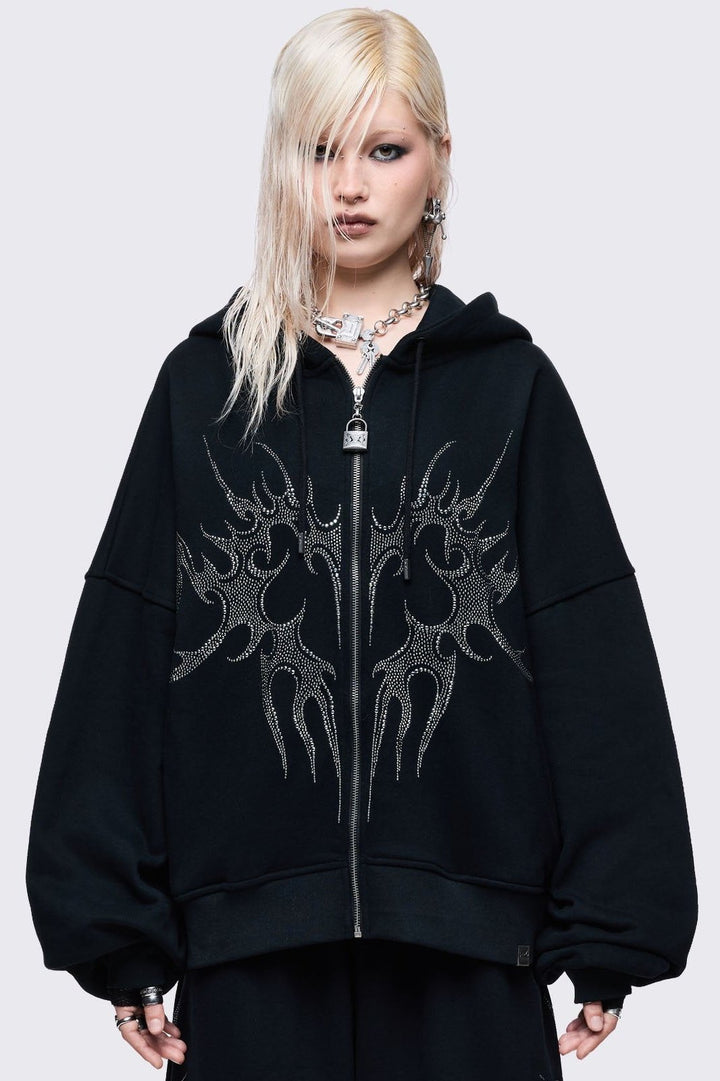 【極美品】EngineeredGarments ZipJacketウィンドウペン Oversized Black Zip-Up Hoodie With Sigil Heart Rhinestones | Minga