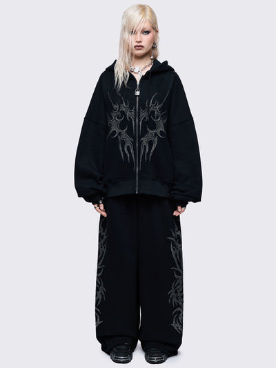 Black zip up hoodie eith sigilism heart rhinestone graphic