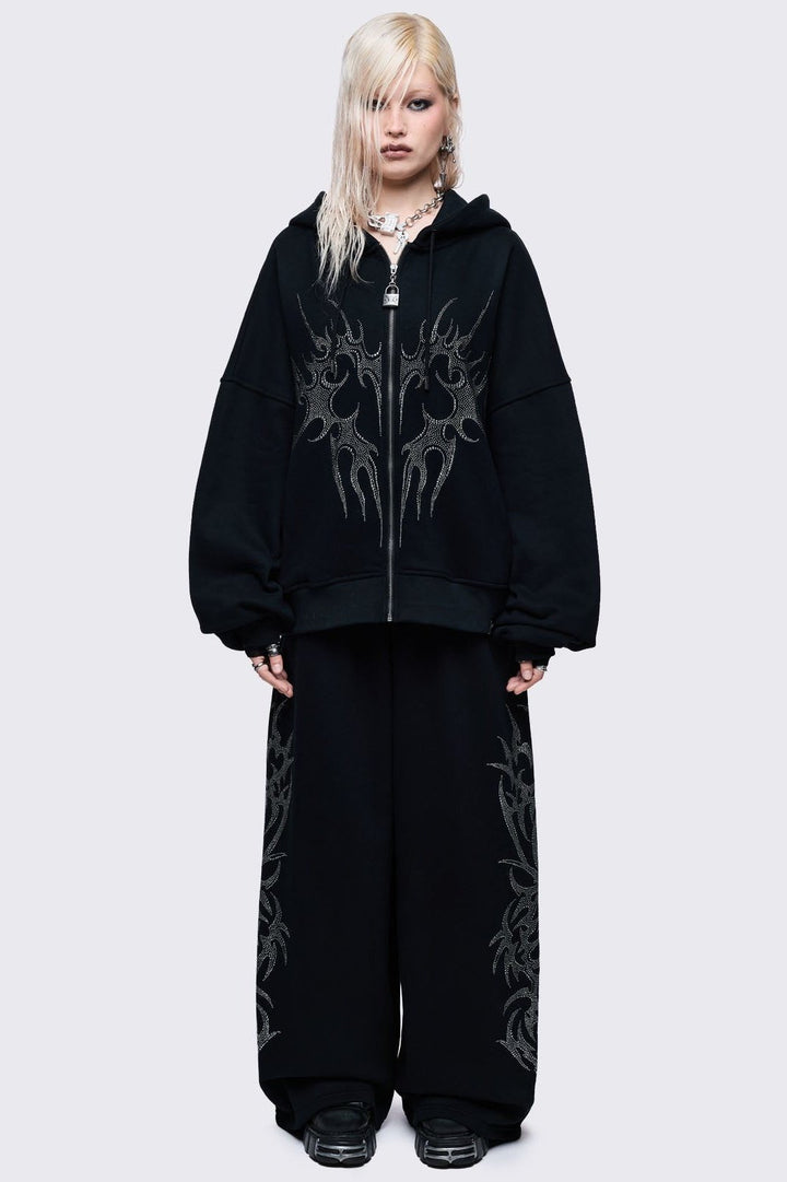 Oversized Black Zip-Up Hoodie With Sigil Heart Rhinestones | Minga