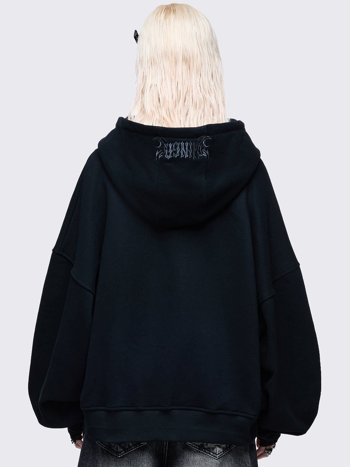 Black zip up hoodie eith sigilism heart rhinestone graphic