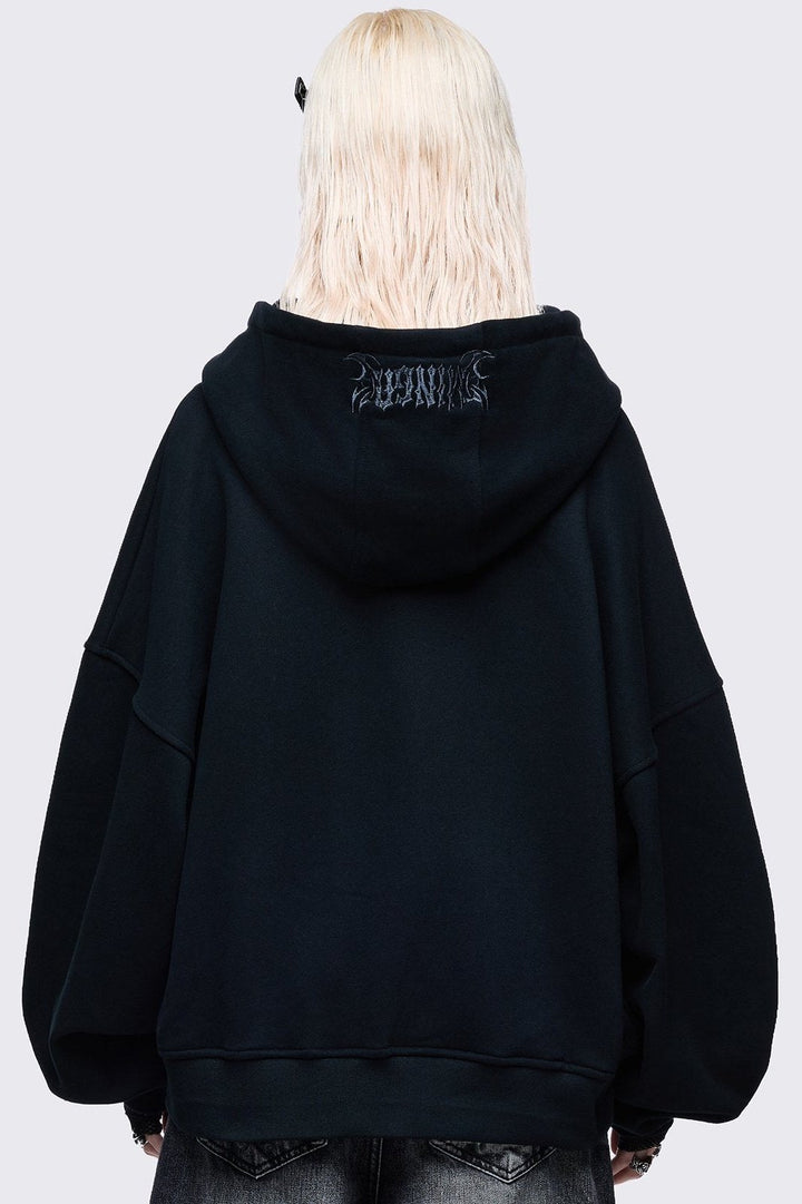 Oversized Black Zip-Up Hoodie With Sigil Heart Rhinestones | Minga