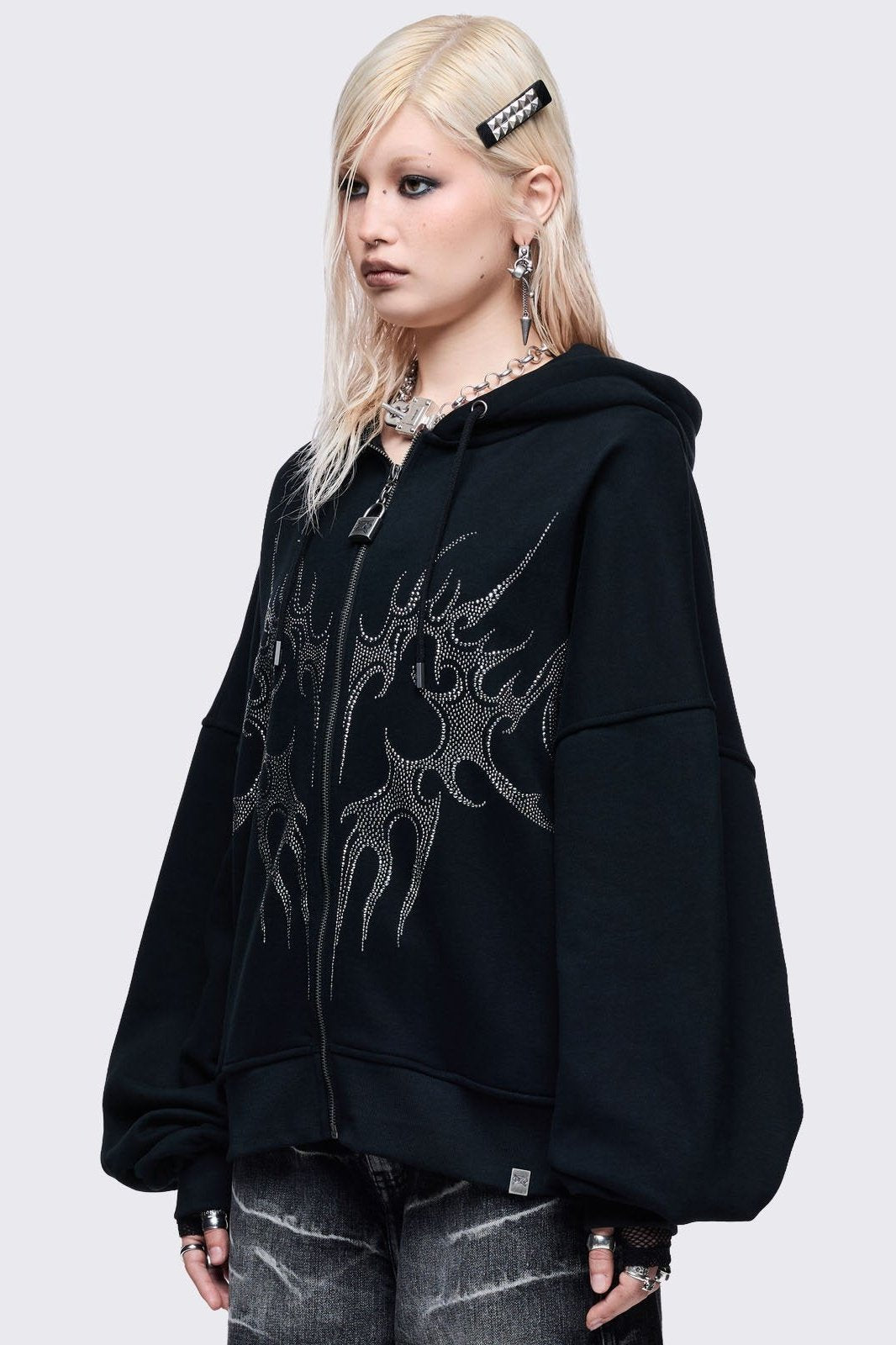 Oversized Black Zip-Up Hoodie With Sigil Heart Rhinestones | Minga