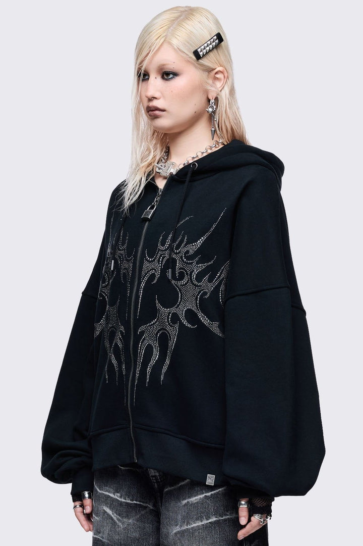 Oversized Black Zip-Up Hoodie With Sigil Heart Rhinestones | Minga