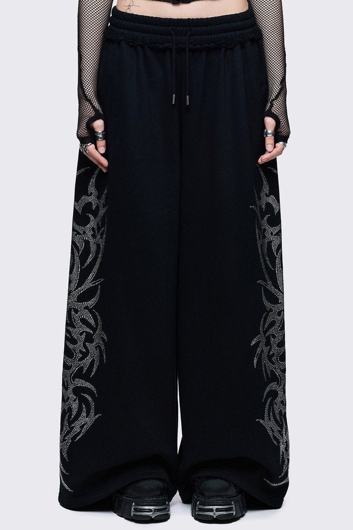 韓国作家 MINGLEMINGLE バニーバインダーカバー （black） Black Wide Leg Sweatpants With Sigil Rhinestones | Minga London